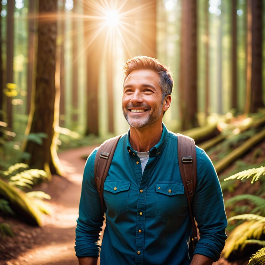 Middle-aged man enjoying a sunny walk in a lush forest
