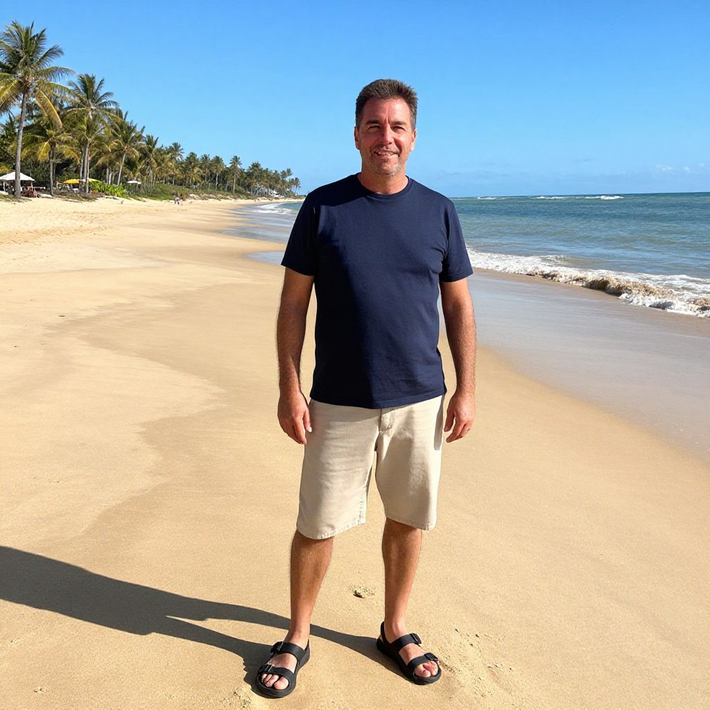 Man Standing on Sunny Tropical Beach with Palm Trees and Ocean