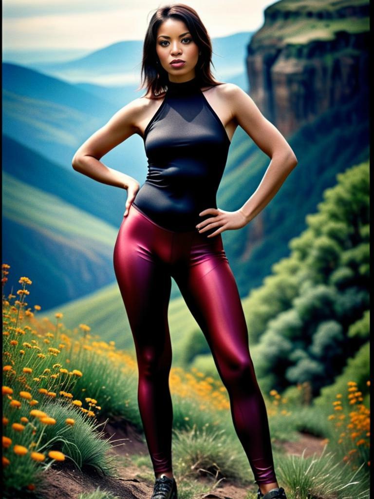 Confident Woman in Black Bodysuit and Maroon Leggings in Nature