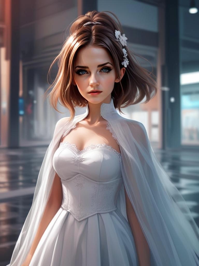 Beautiful Young Woman in Elegant White Wedding Dress Digital Art Portrait
