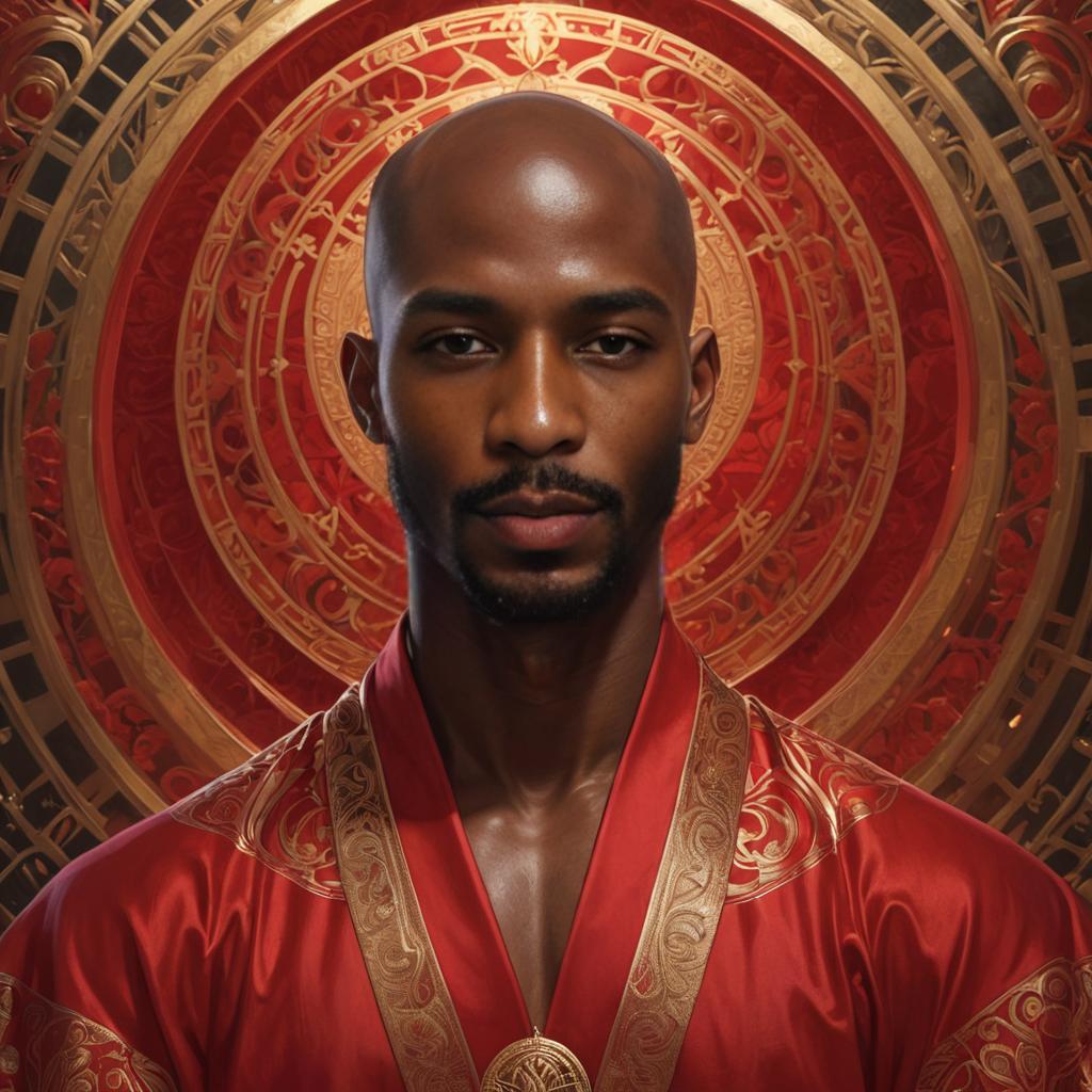 Bald Dark-Skinned Man in Red Garment with Golden Halo