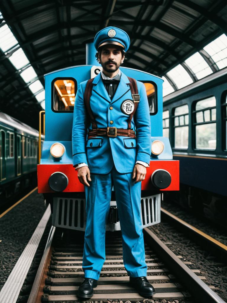 Man in Thomas Train Costume at Vintage Railway Station Cosplay