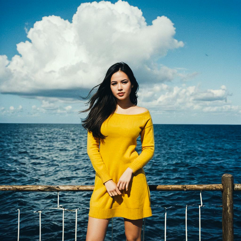 Woman in Yellow Sweater Dress by the Ocean Woman in Yellow Sweater Dress by the Ocean