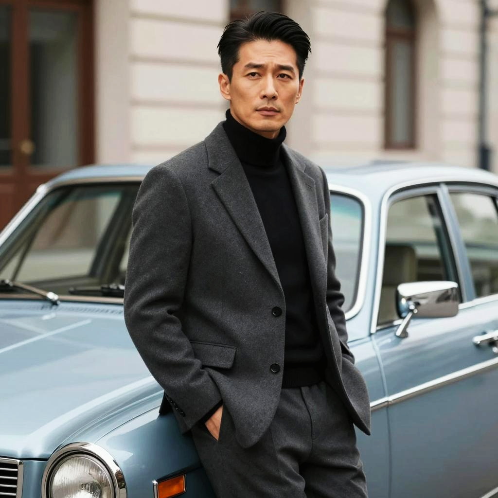 Stylish Man in Grey Suit Leaning on Classic Vintage Car