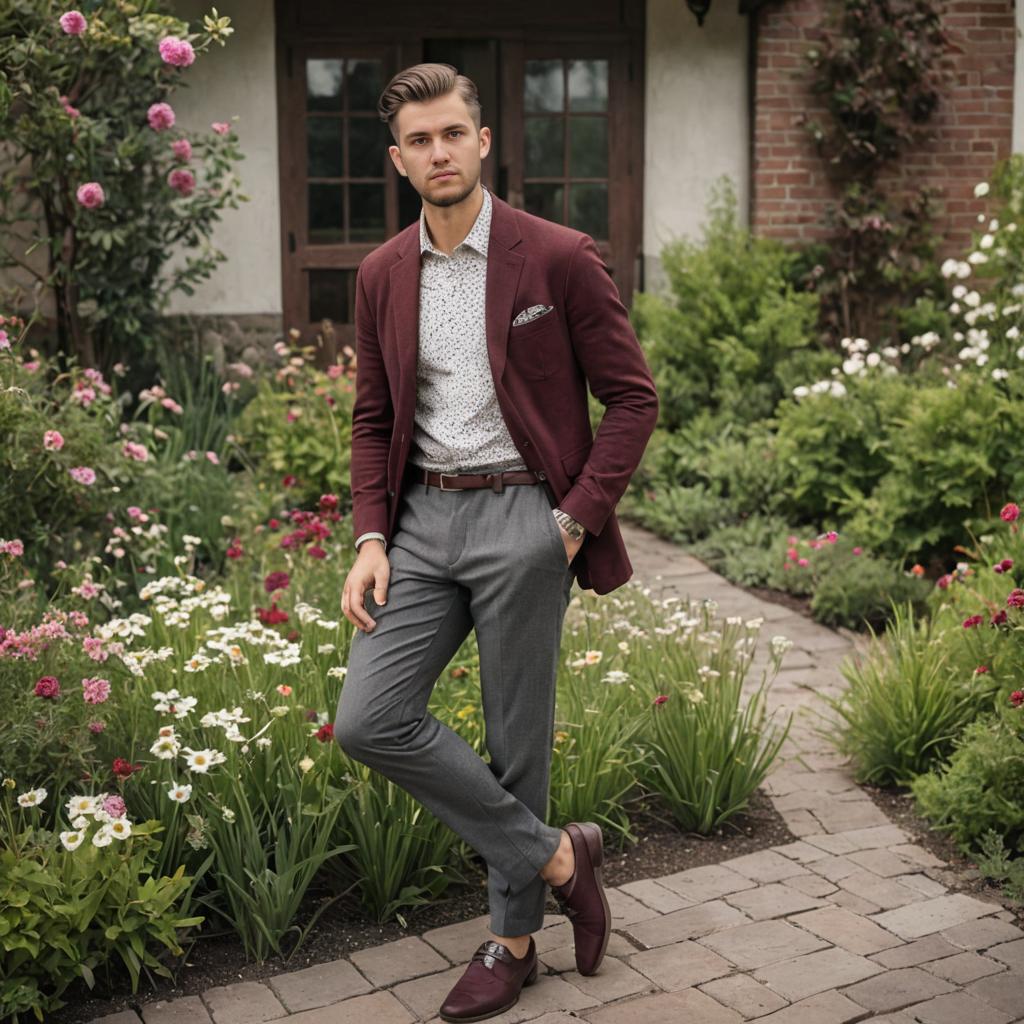 Stylish Man in Burgundy Blazer in Garden