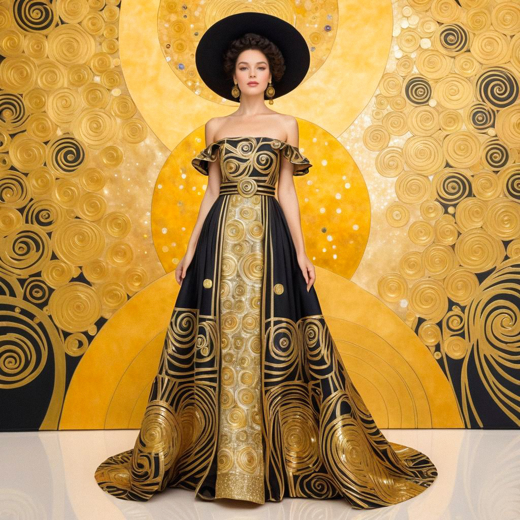 Elegant Woman in Black Gown with Golden Patterns