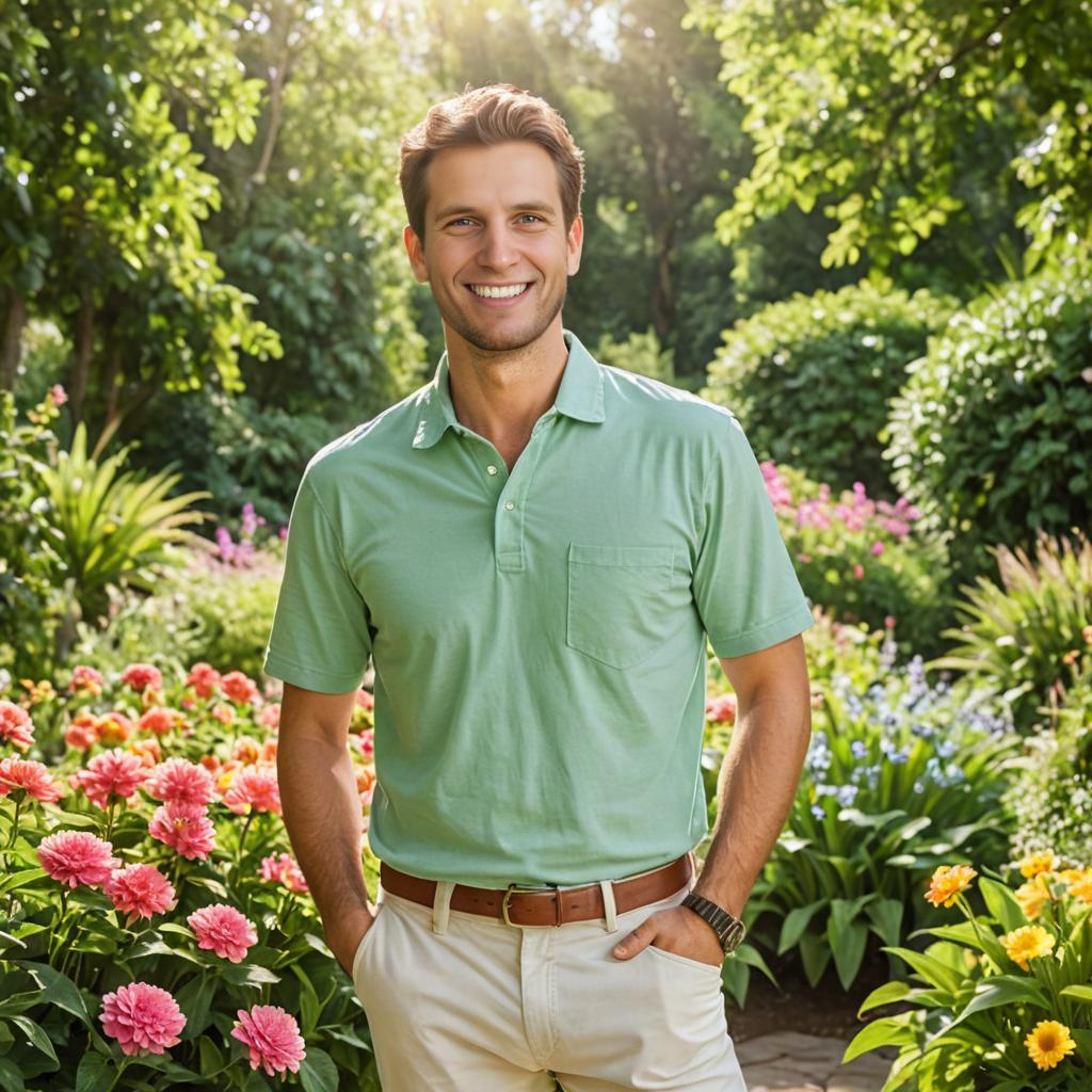 Cheerful man in vibrant garden with pink flowers