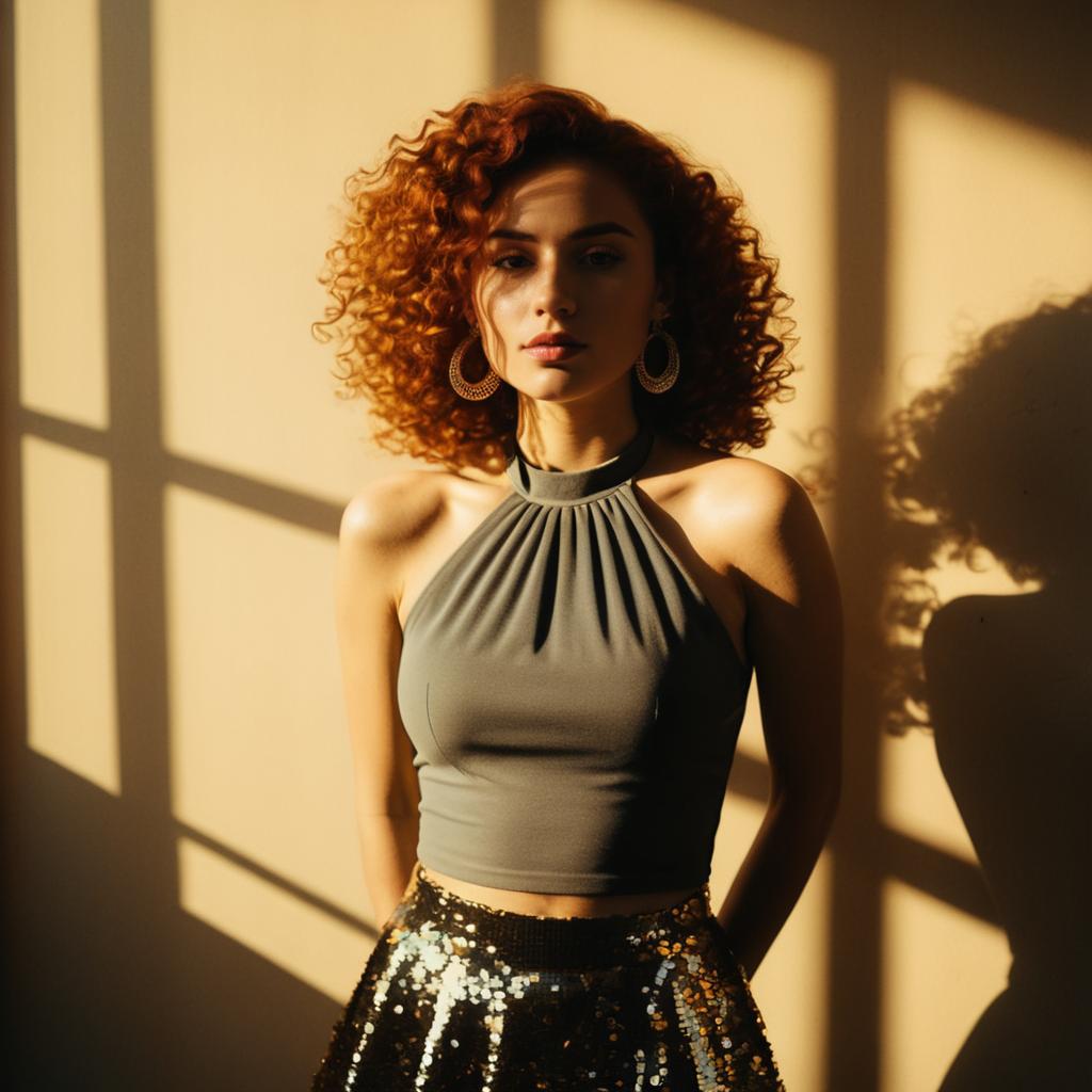 Curly Red-Haired Woman in Halter Top and Sequined Skirt with Dramatic Sunlight Shadows
