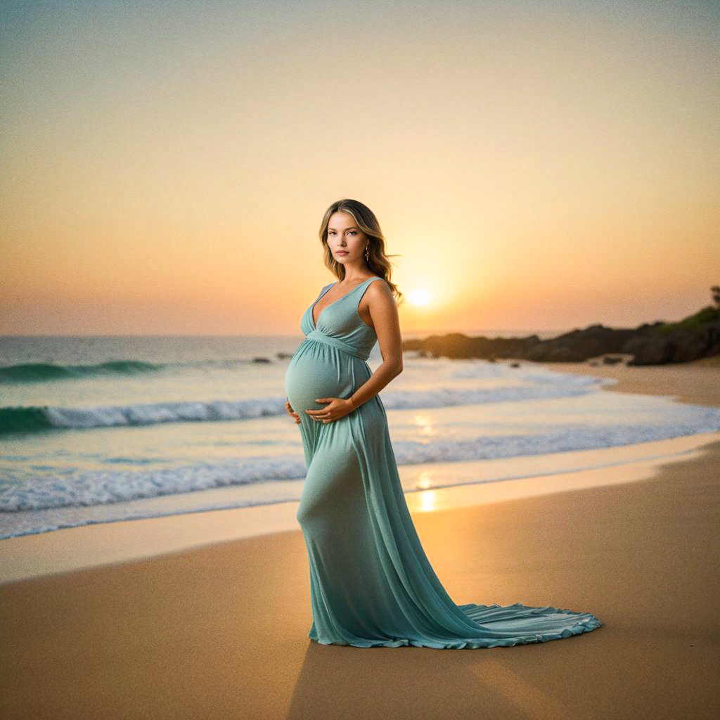 Pregnant Woman on Beach at Sunset