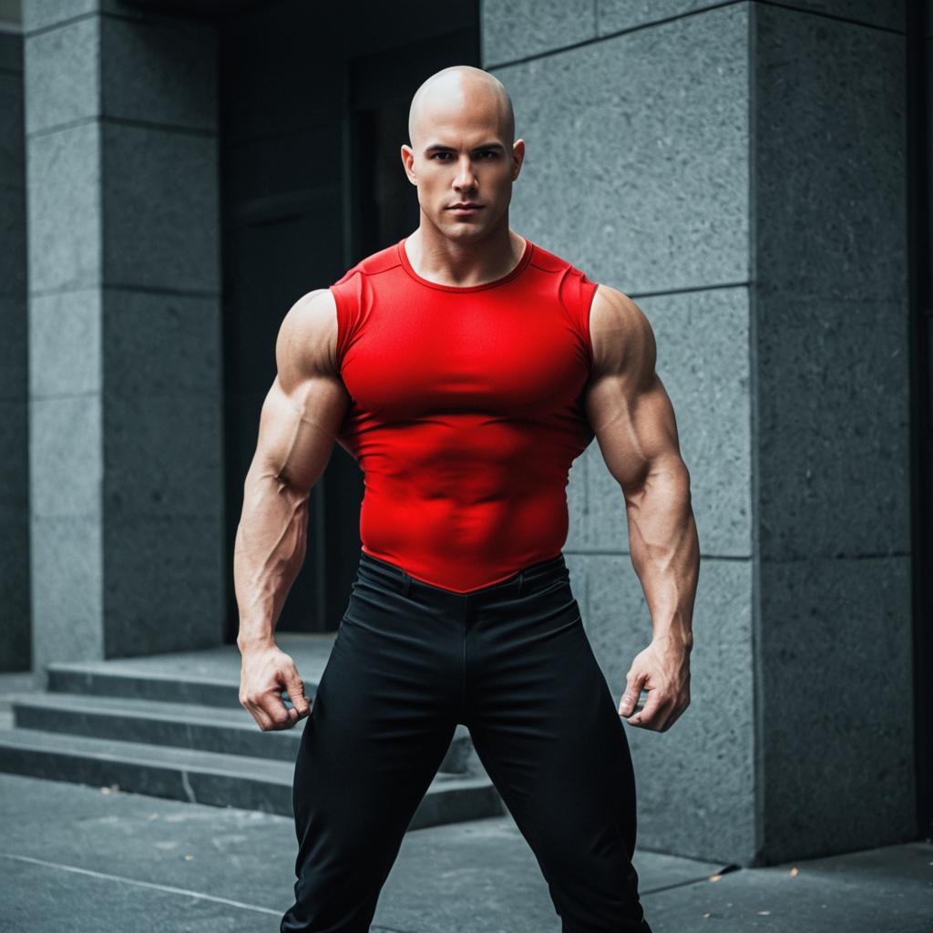 Muscular Bald Man in Red Sleeveless Shirt Posing in Urban Setting
