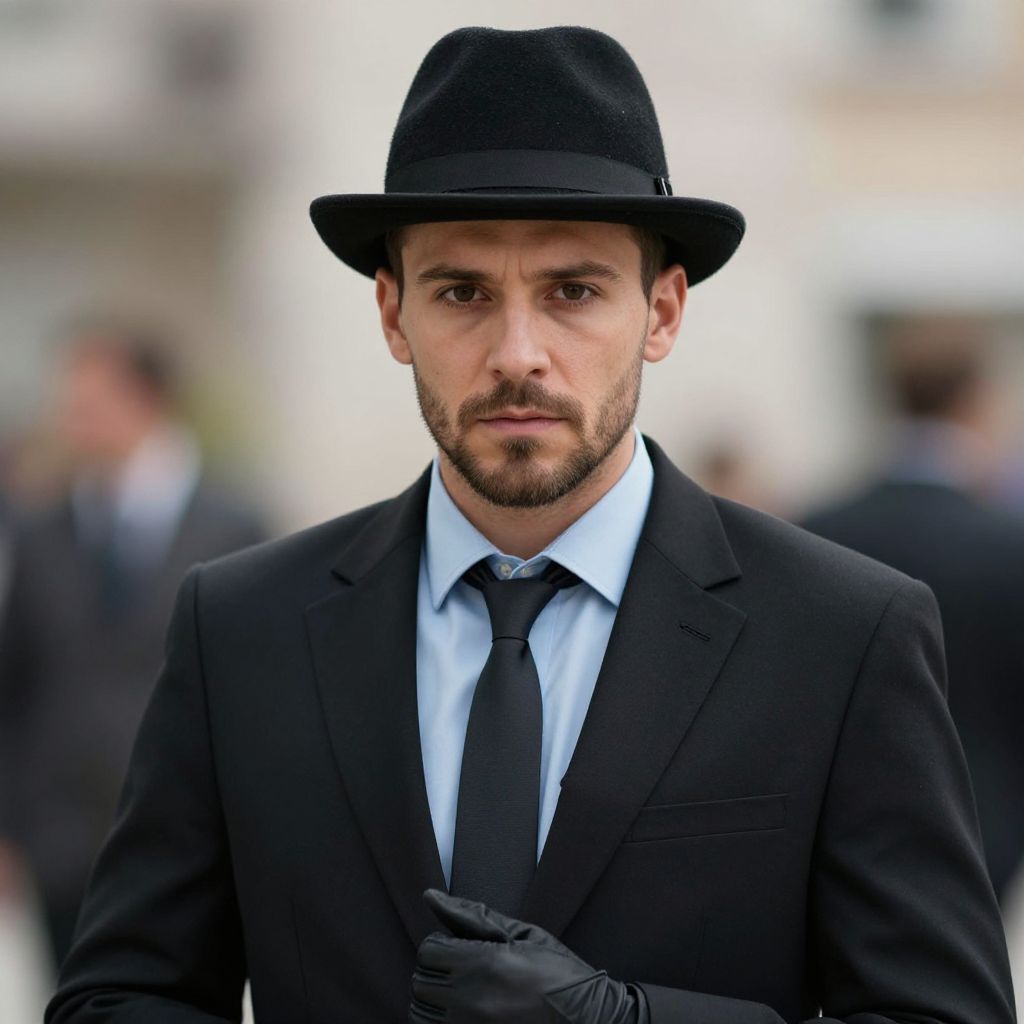 Portrait of Man in Black Suit and Fedora Hat