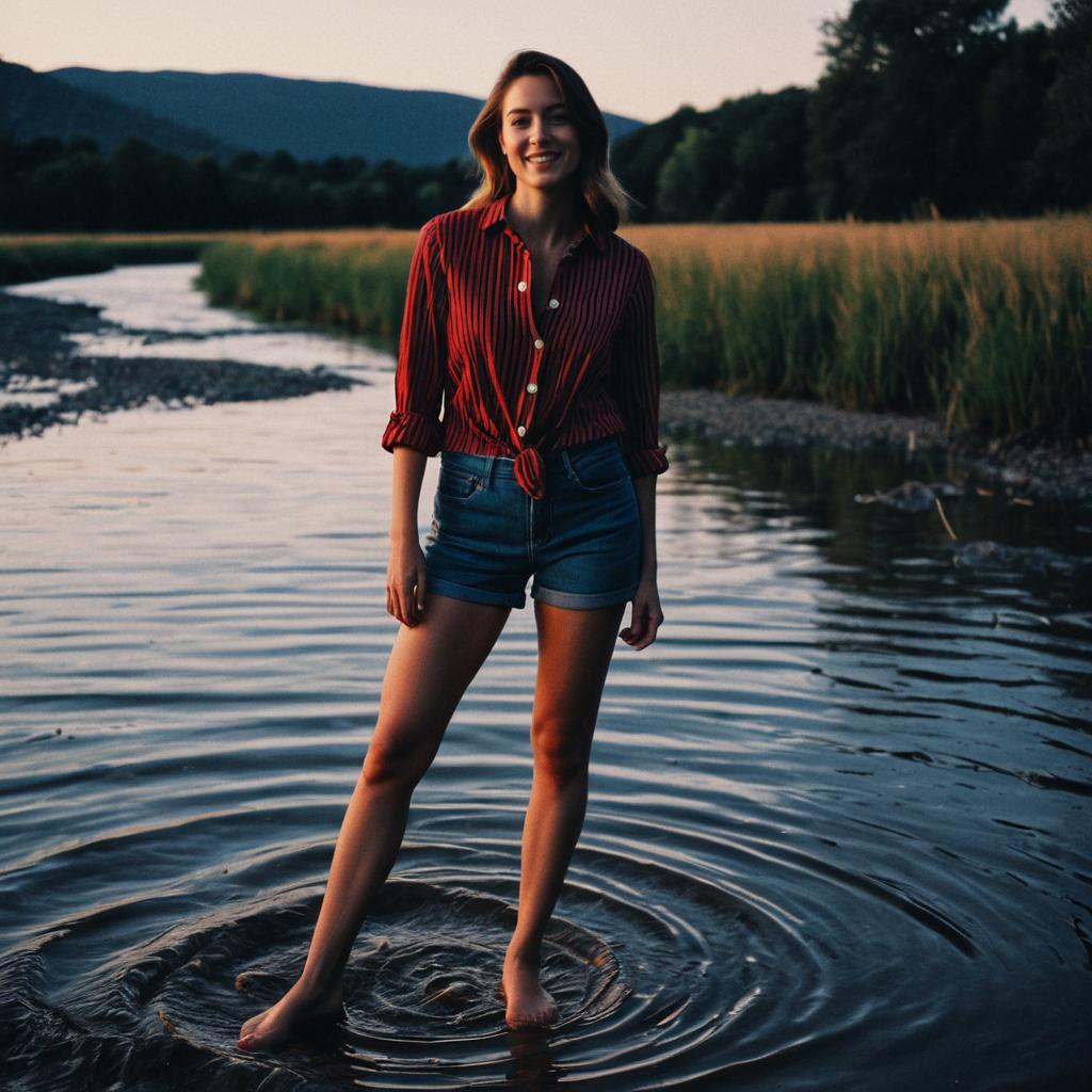 Young Woman by Riverbank at Twilight