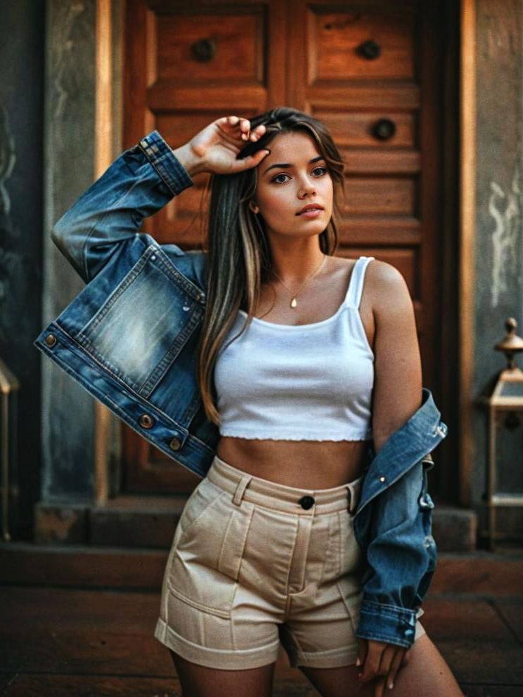 Confident Young Woman in Denim Jacket