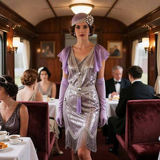 1920s Flapper Woman in Glamorous Dress on Vintage Train