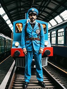 Man in Thomas Train Costume at Vintage Railway Station Cosplay