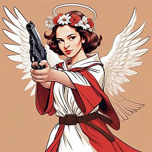 Stylized Angel with Gun and Floral Halo