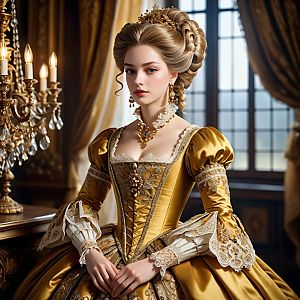 Elegant Woman in Golden Baroque Gown in Rich Interior