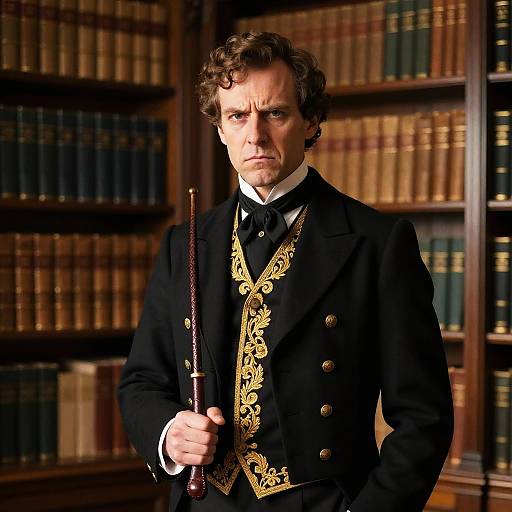 Victorian Gentleman in Embroidered Coat with Cane in Library