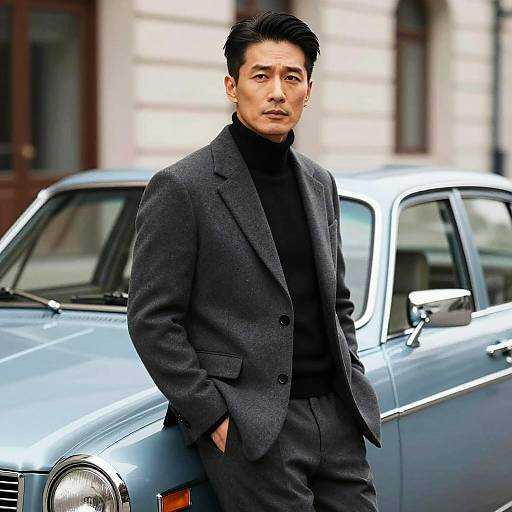 Stylish Man in Grey Suit Leaning on Classic Vintage Car