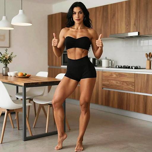 Confident Fit Woman in Black Workout Outfit in Modern Kitchen