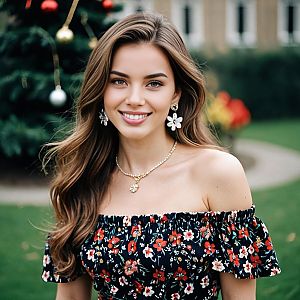 Young Woman Smiling in Floral Dress with Christmas Tree Background