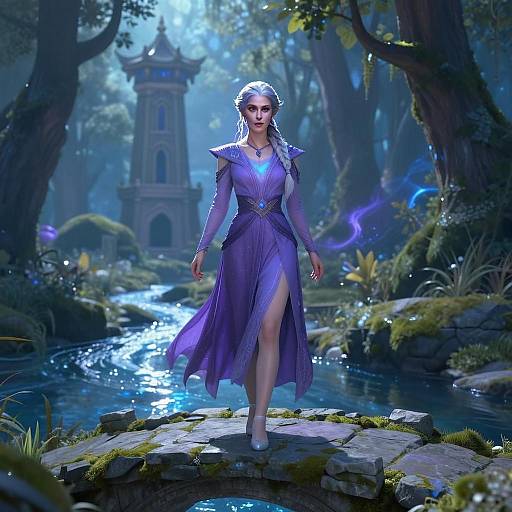 Elegant Woman in Purple Fantasy Dress in Mystical Forest Setting
