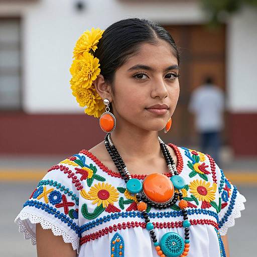 Young Woman in Traditional Mexican Dress with Floral Embroidery and Beaded Jewelry
