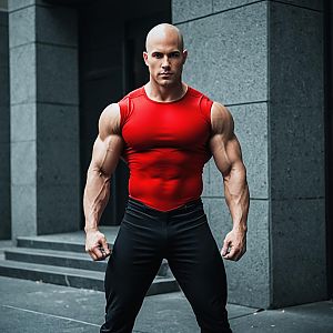 Muscular Bald Man in Red Sleeveless Shirt Posing in Urban Setting