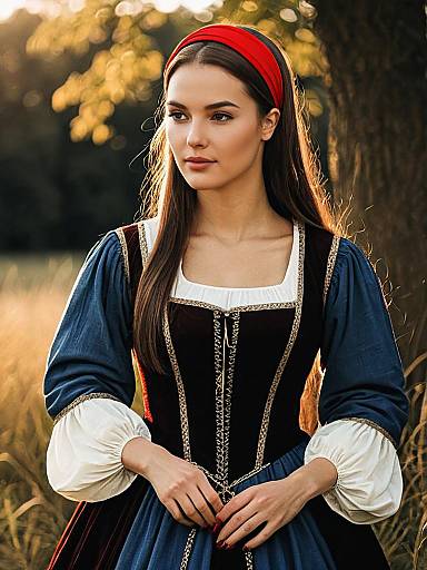 Woman in Traditional European Medieval Costume with Red Headband