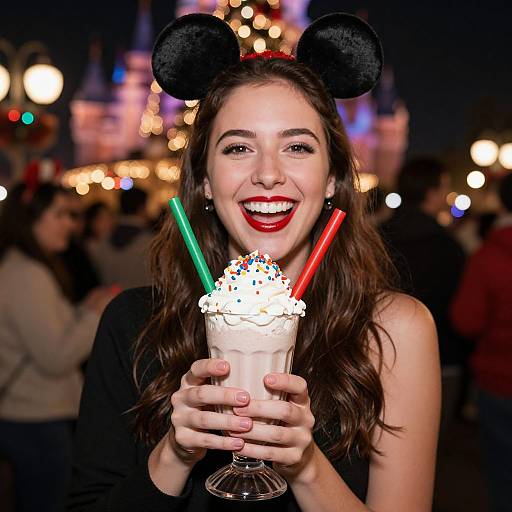 Happy Woman with Milkshake and Mouse Ears at Night Theme Park