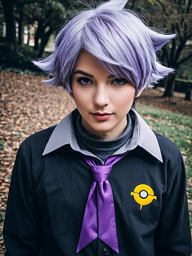 Realistic Pokémon-Inspired Lavender Hair Cosplay Woman Outdoor Portrait