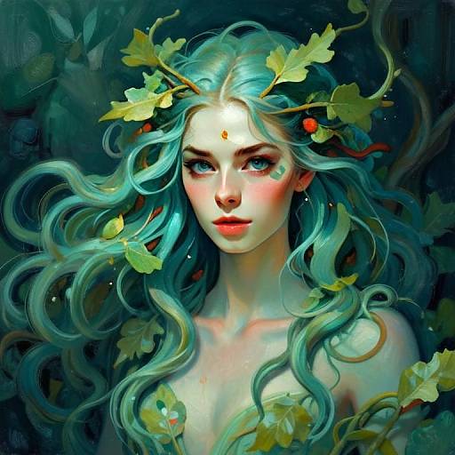 Fantasy Portrait of Woman with Turquoise Hair and Nature Elements Digital Art
