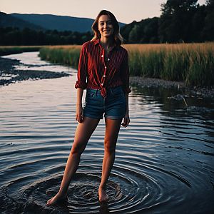 Young Woman by Riverbank at Twilight