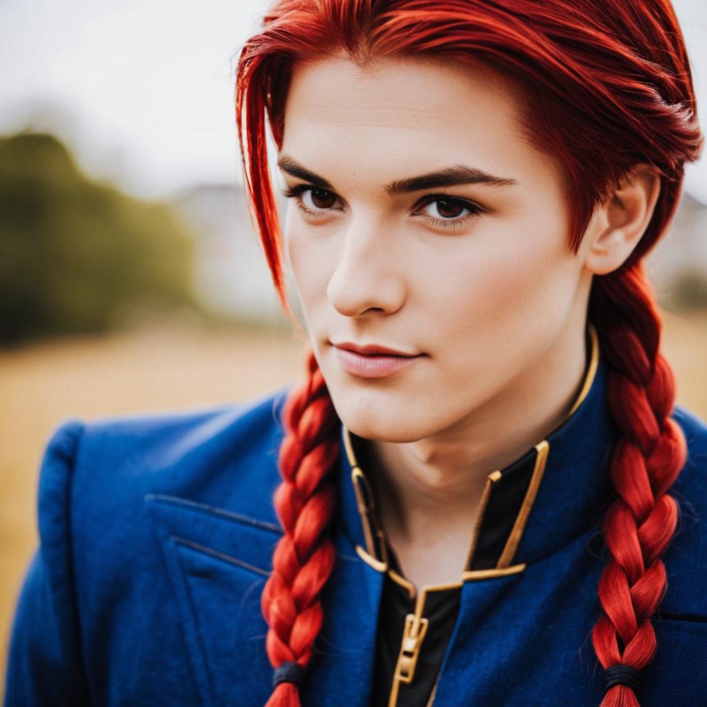 Young Man with Red Braided Hair Wearing Blue Jacket in Outdoor Portrait