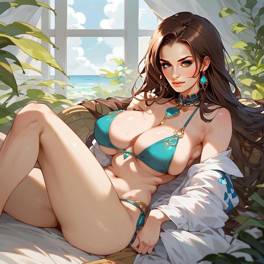 Anime Woman in Turquoise Bikini Lounge by Ocean View - Digital Artwork