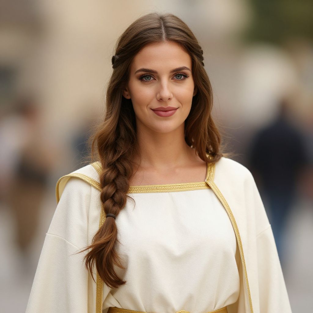 Young Woman in White Dress with Gold Trim and Braided Hair