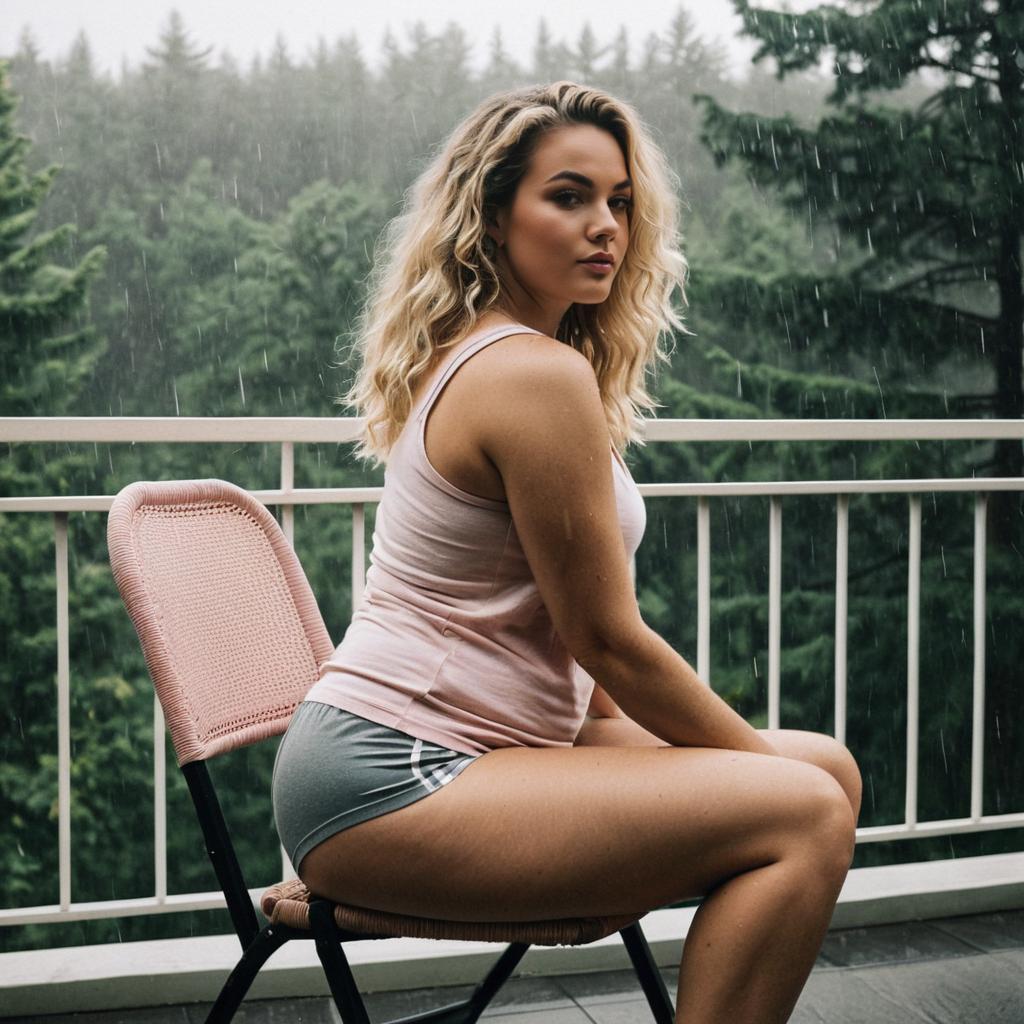 Blonde Woman Sitting on Balcony in Rain with Forest Background