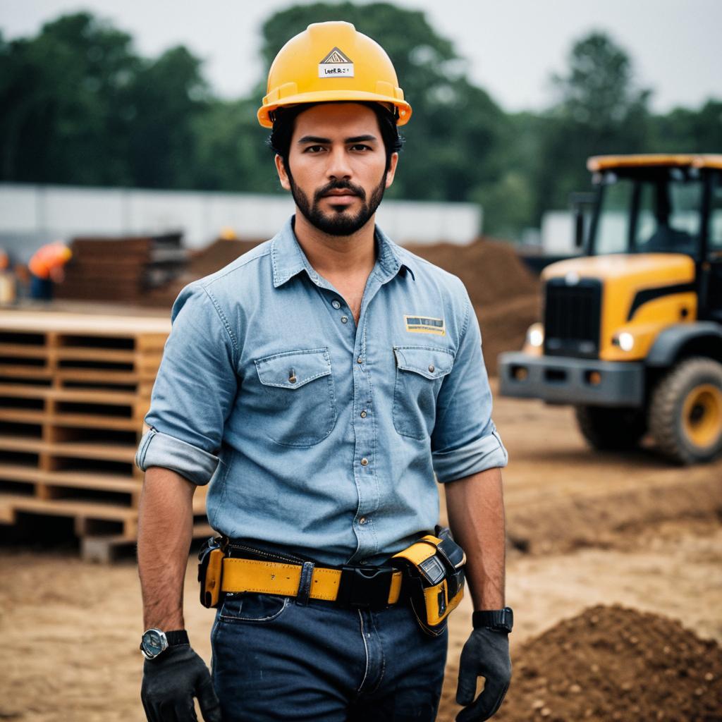 Construction Worker in Yellow Hard Hat at Construction Site