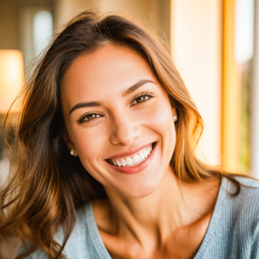 Close-up portrait of a smiling woman in natural light