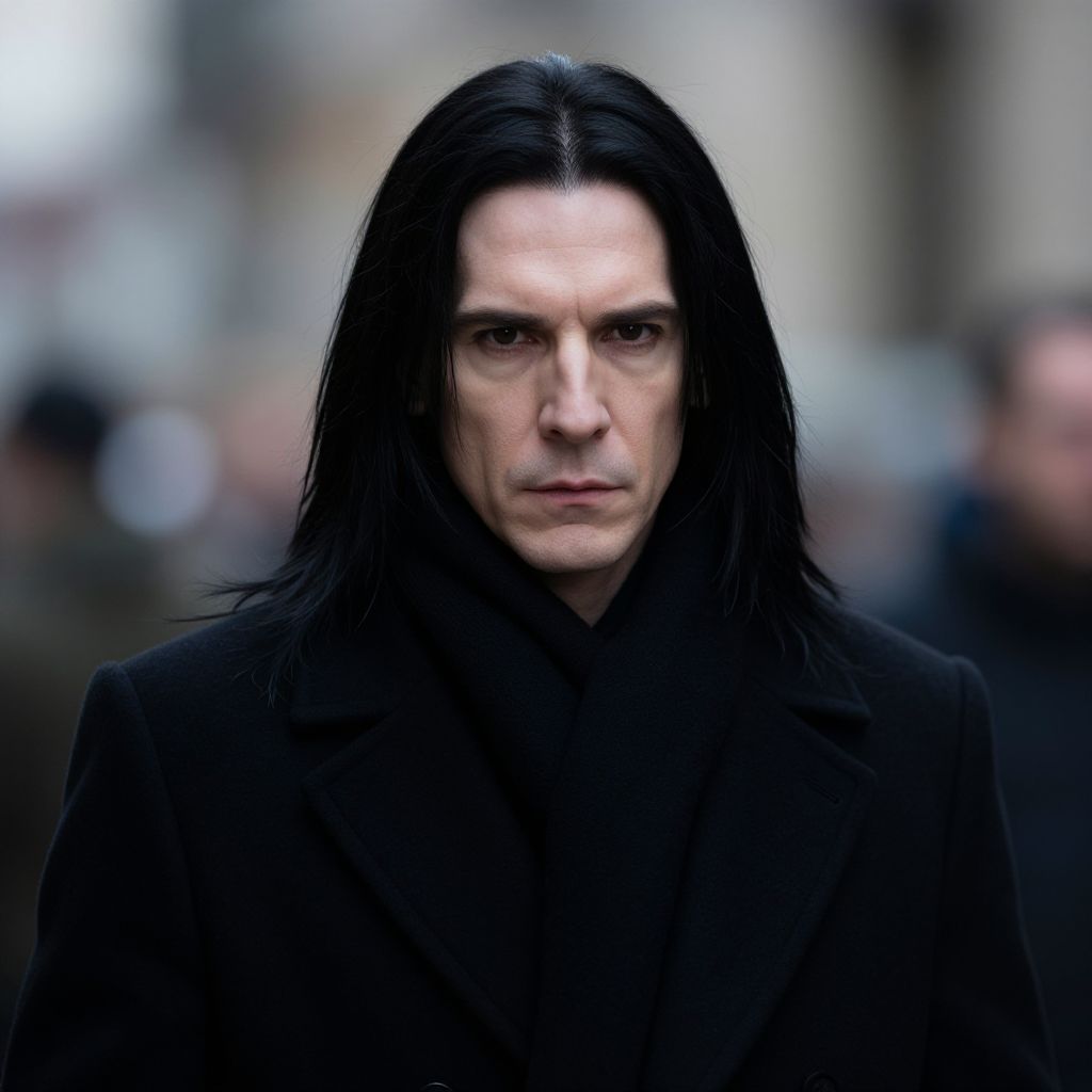 Moody Portrait of Man with Long Black Hair in Black Coat
