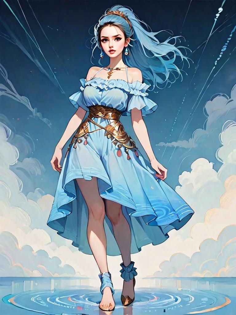 Fantasy Artwork of Woman in Flowing Blue Dress Against Dreamy Night Sky
