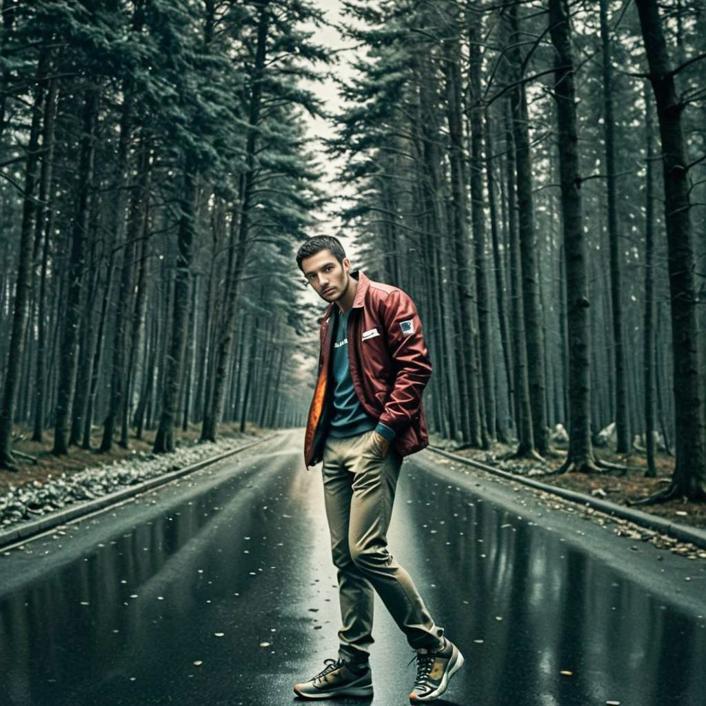 Young Man in Forest with Maroon Jacket