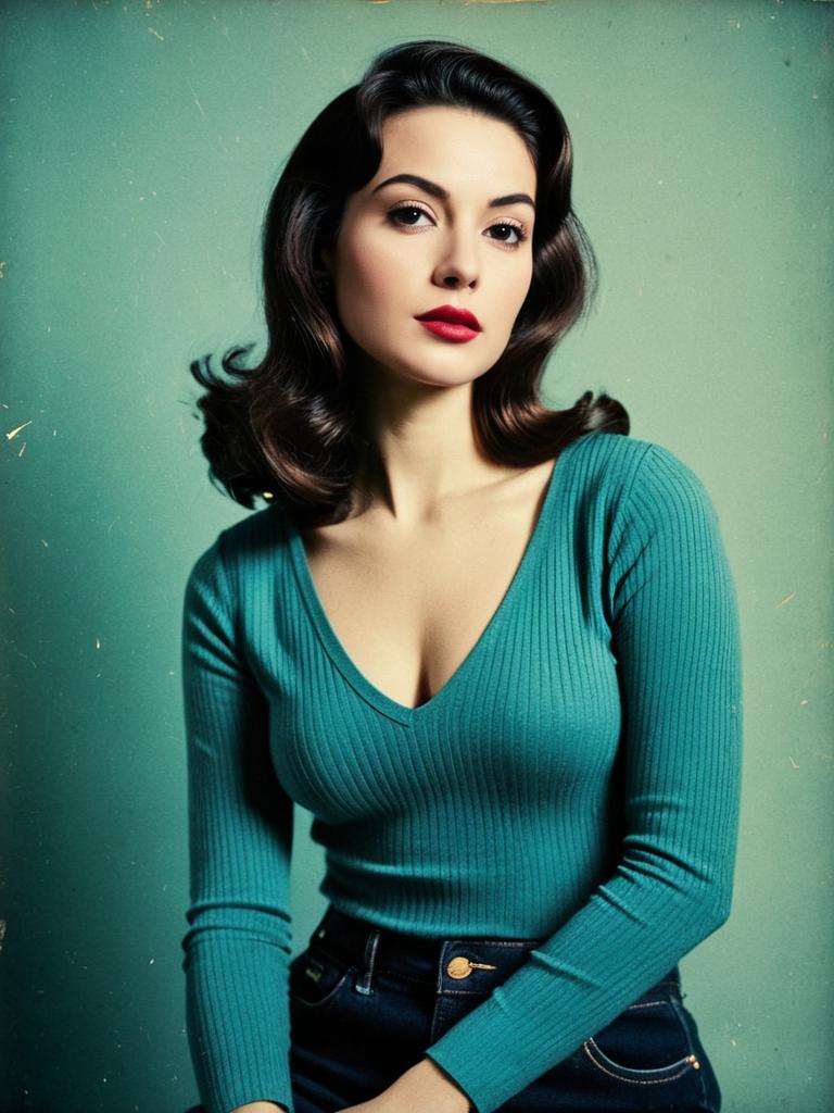 Vintage Inspired Woman in Fitted Long Sleeve Ribbed Teal Top with V-Neck
