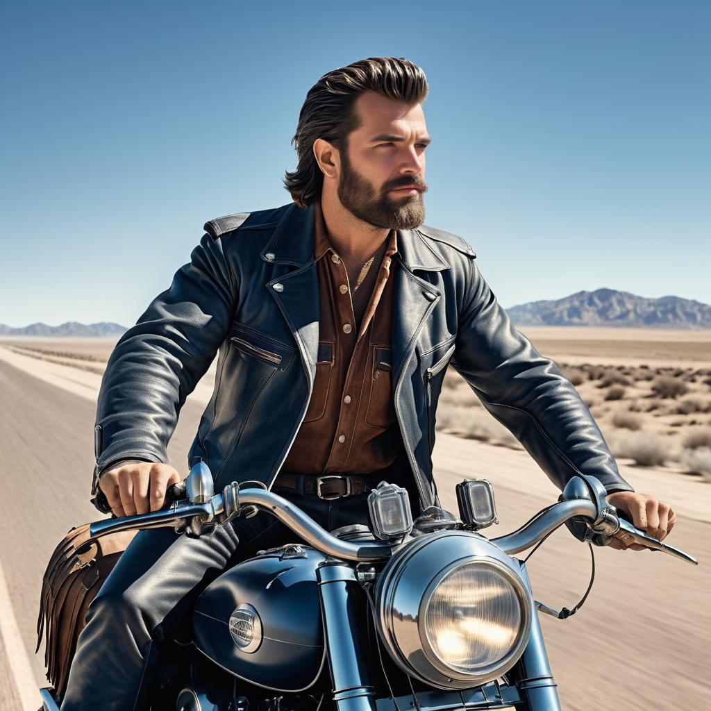 Rugged Man on Motorcycle in Desert