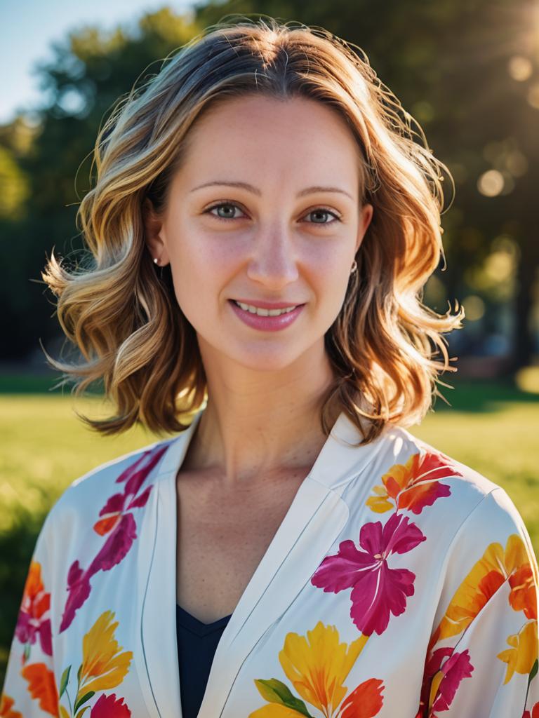 Woman with Wavy Blonde Hair in Floral Blouse at Park