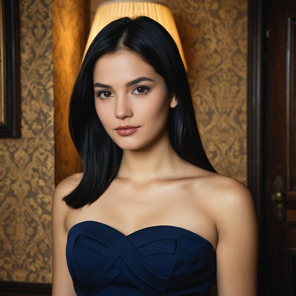 Elegant Young Woman in Navy Blue Dress with Classic Interior