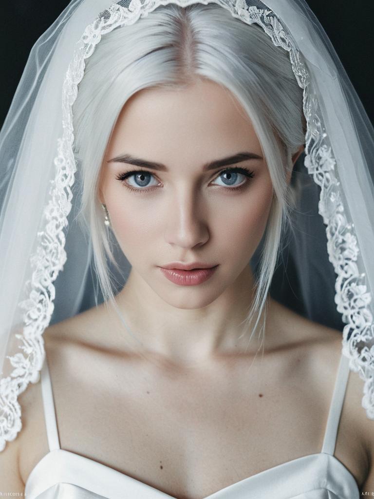 Close-Up Portrait of Bride with Lace Veil and Platinum Blonde Hair Close-Up Portrait of Bride with Lace Veil and Platinum Blonde Hair