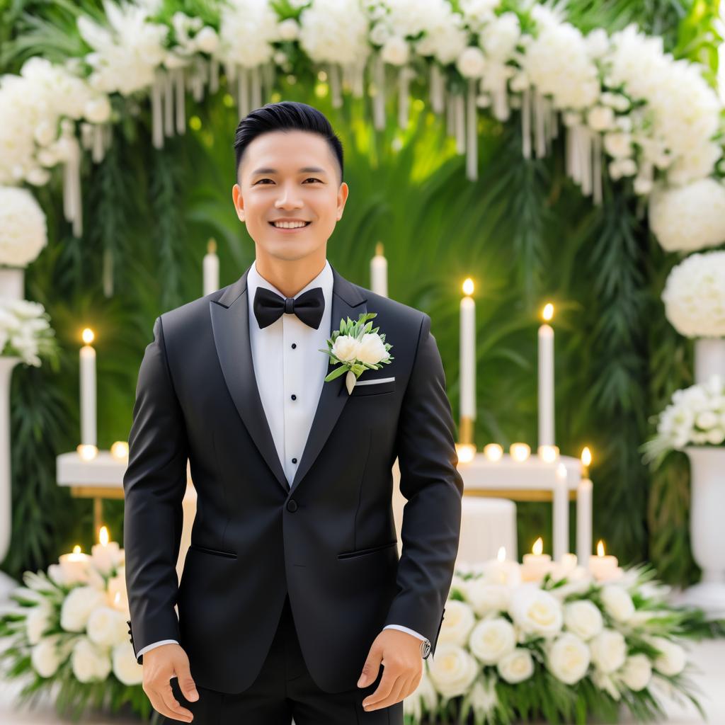 Handsome Man in Tuxedo with Floral Backdrop