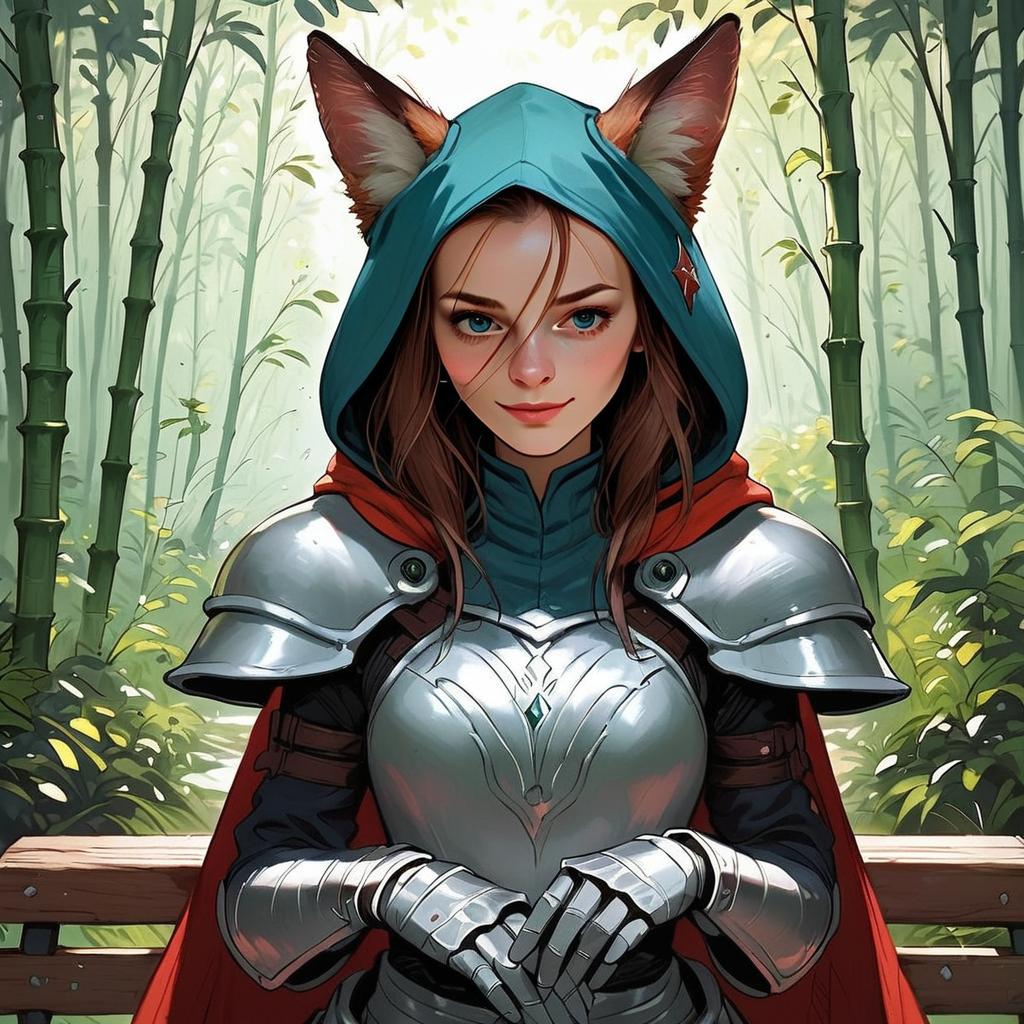 Confident Young Woman with Fox Ears in Teal Hood and Silver Armor
