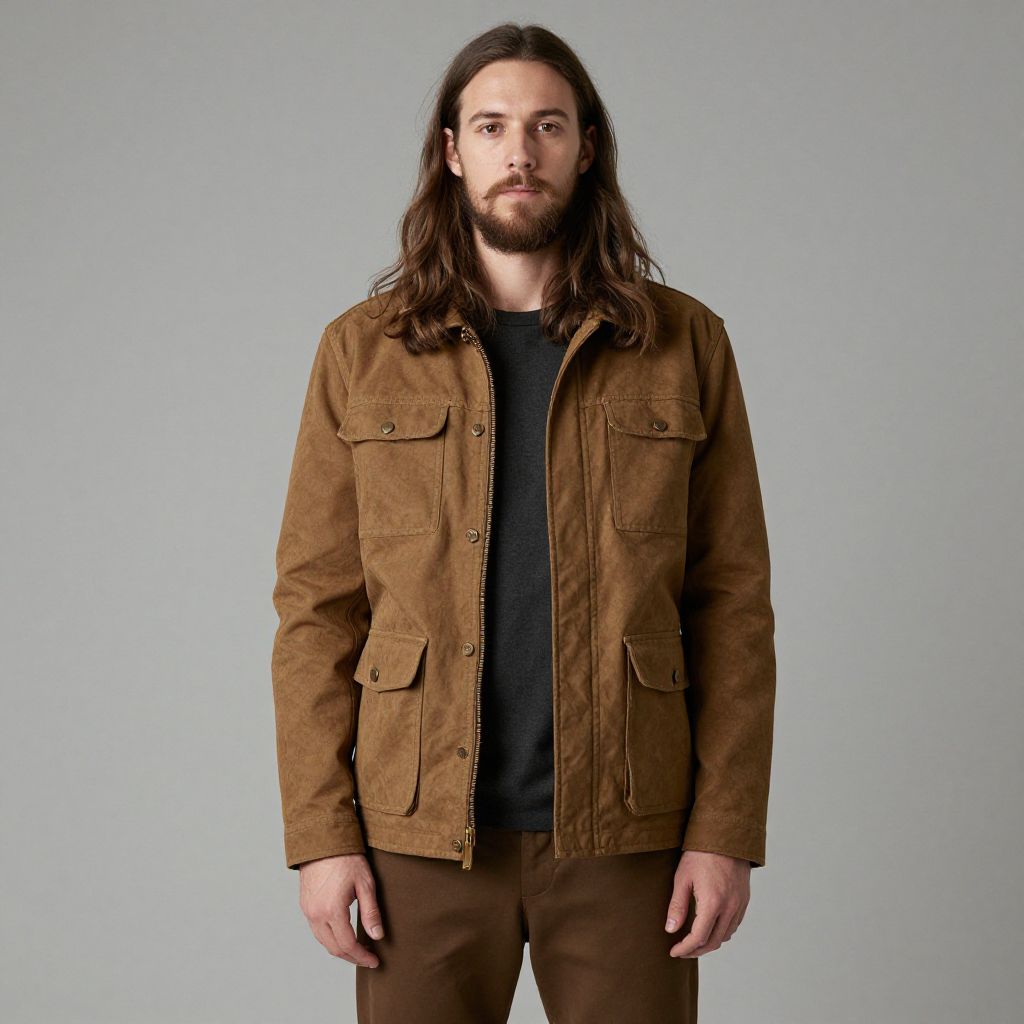 Man Wearing Brown Utility Jacket with Long Hair and Beard